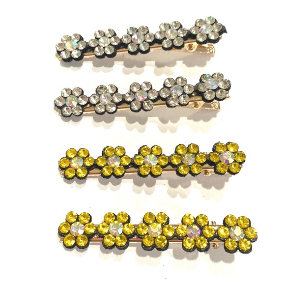 Hair Clips Clear And Yellow Rhinestone Flowers Gold Tone Set Of 4 - Picture 3 of 4